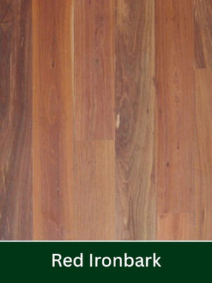Wood floor sample in reddish-brown Red Ironbark with vertical planks.