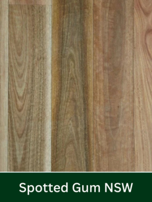 Row of vertical wooden planks in varying brown tones, labeled 'Spotted Gum NSW'.